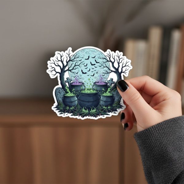 Halloween Cauldron Sticker with Spooky Trees – Witchy Potion Design pack of 10 - Image 3
